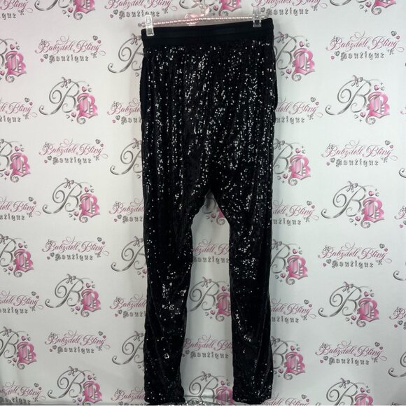 24hrs pants sparkly shimmer sequins embroidered shiny Black Sequin Pants - Picture 2 of 8